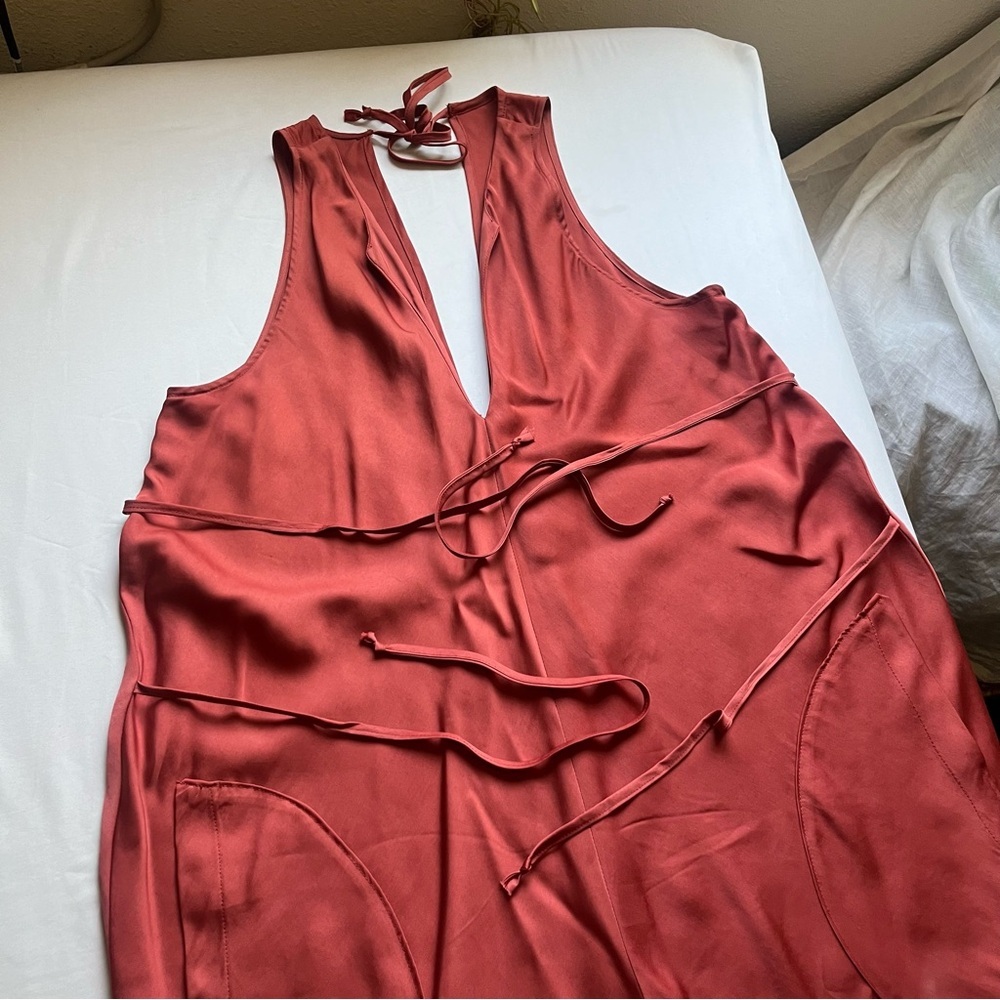 JILL AIKO YEE rust clay red satin straight wide leg cropped‎ sleeveless jumpsuit - Picture 3 of 7